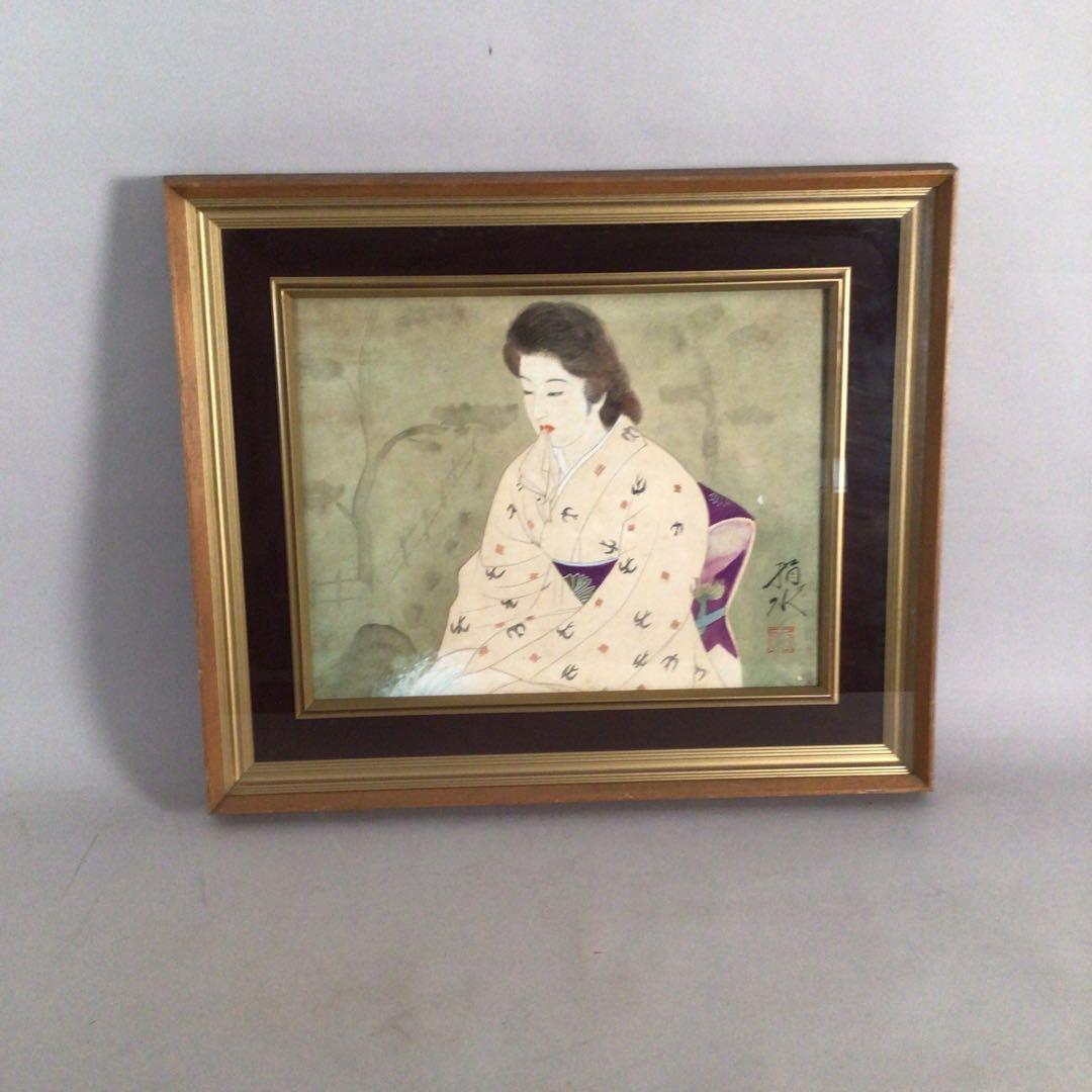 No3885額装　在銘　指水　美人画　燕柄着物　肉筆絹本　日本画　絵画 送料無料