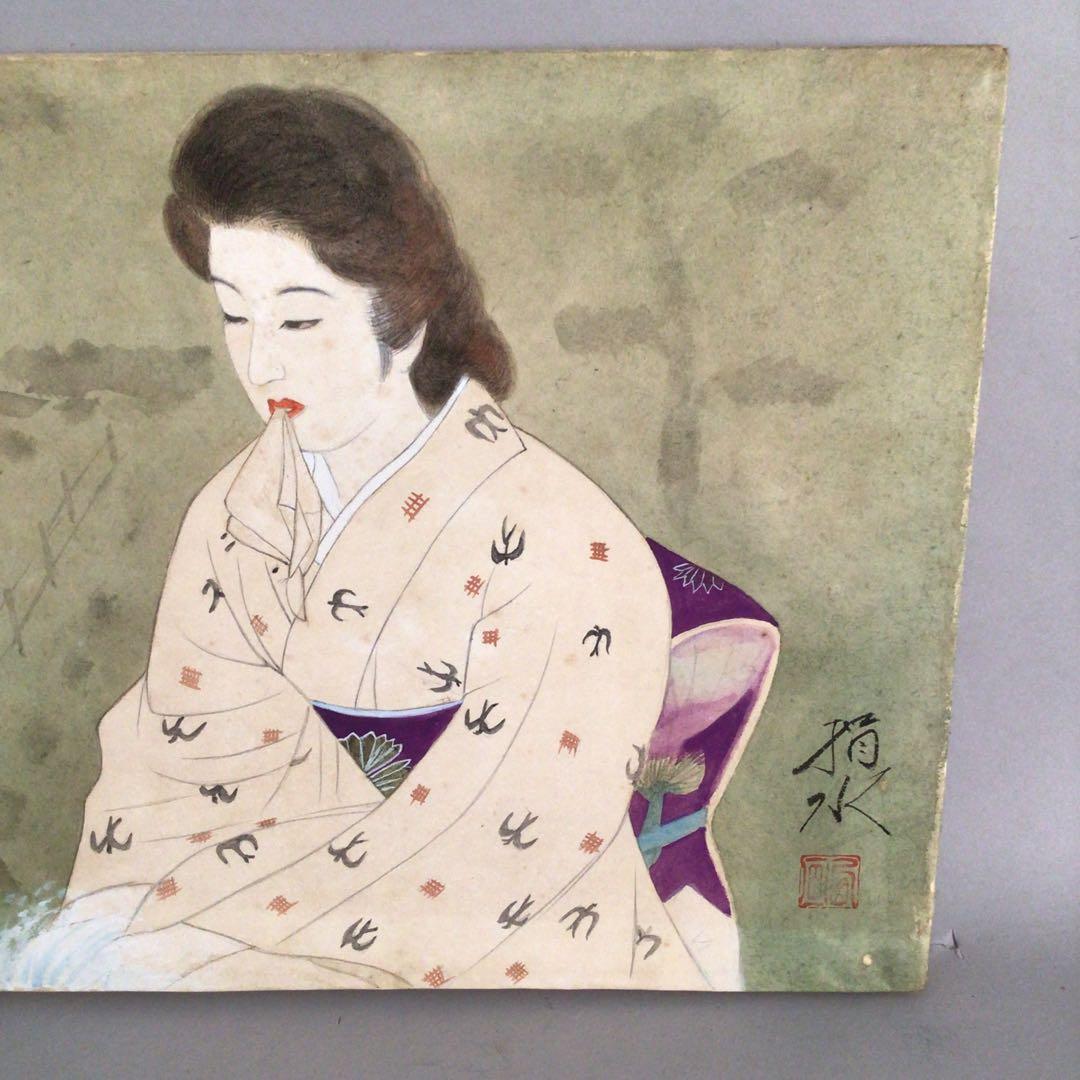 No3885額装　在銘　指水　美人画　燕柄着物　肉筆絹本　日本画　絵画 送料無料