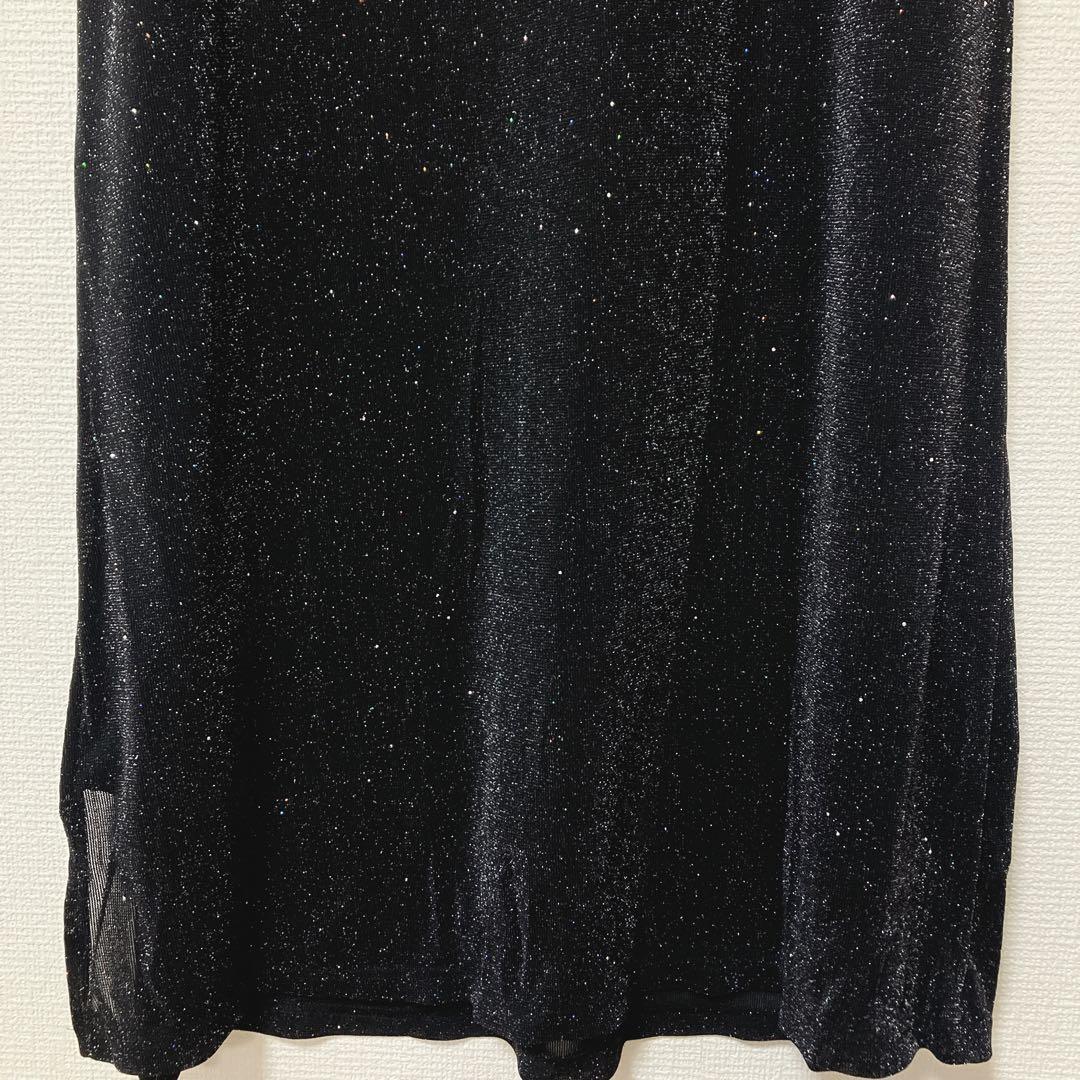 mayu　レジャ　レースネック透け袖スリットキラキラロングドレスワンピース