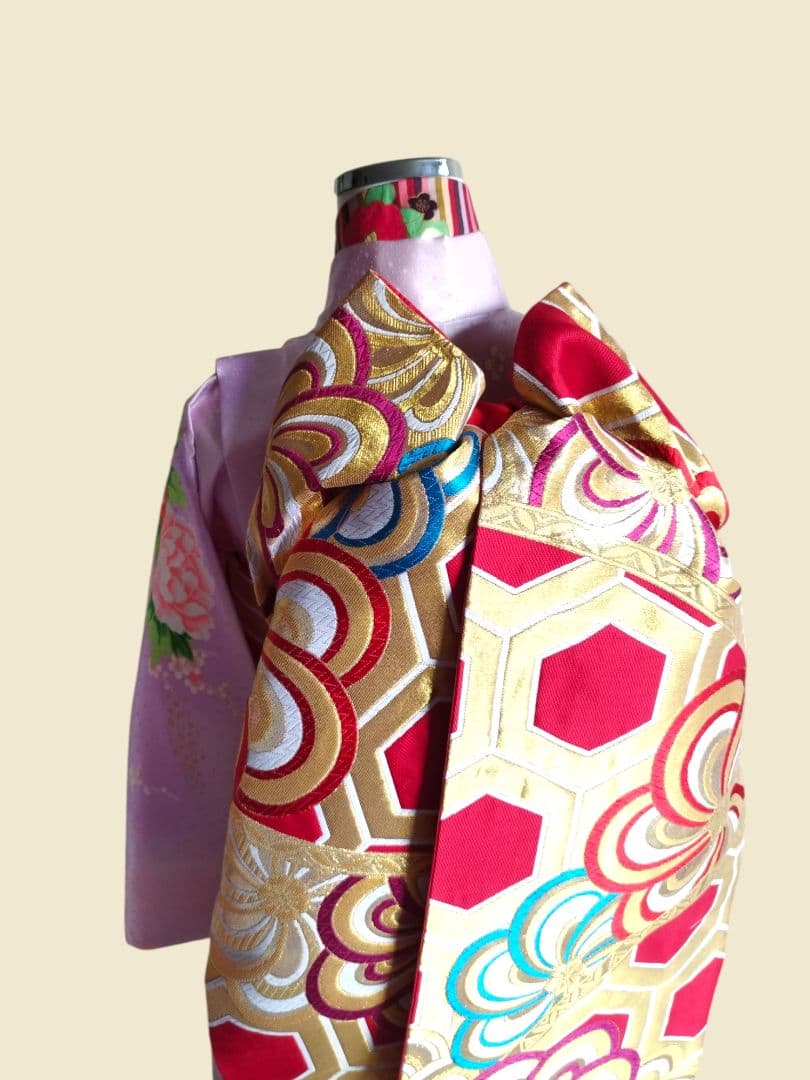 赤に亀甲、梅の花模様のだらりの帯☆作り帯