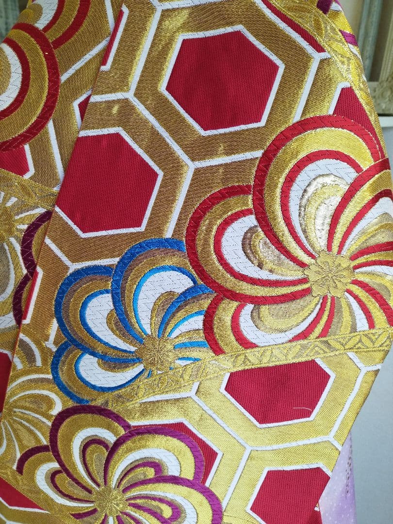 赤に亀甲、梅の花模様のだらりの帯☆作り帯