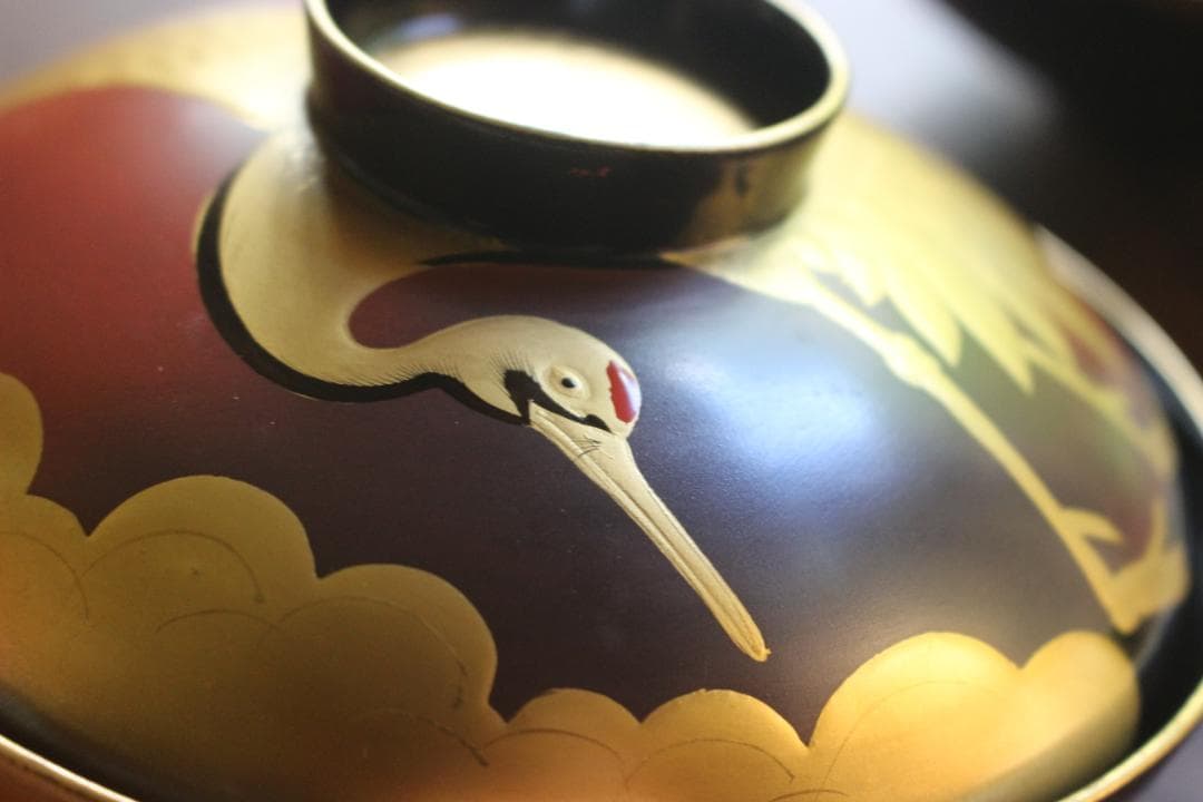 時代逸品！時代金縁黒漆に極上日の出鶴蒔絵の映えるお椀2点（検輪島塗蒔絵椀雑煮椀