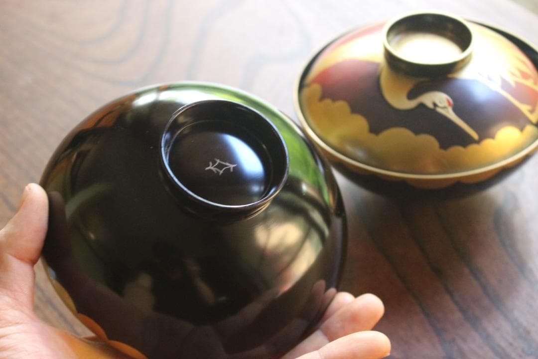 時代逸品！時代金縁黒漆に極上日の出鶴蒔絵の映えるお椀2点（検輪島塗蒔絵椀雑煮椀