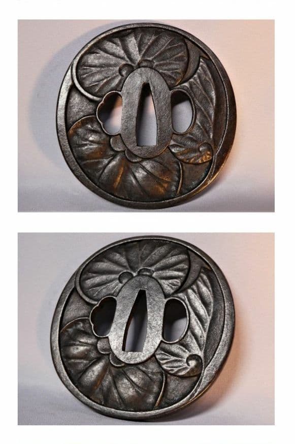 徳川幕府 将軍家 三つ葉葵名家蔵出し 鉄地三つ葉葵紋鍔 鐔 日本刀 刀 刀装具