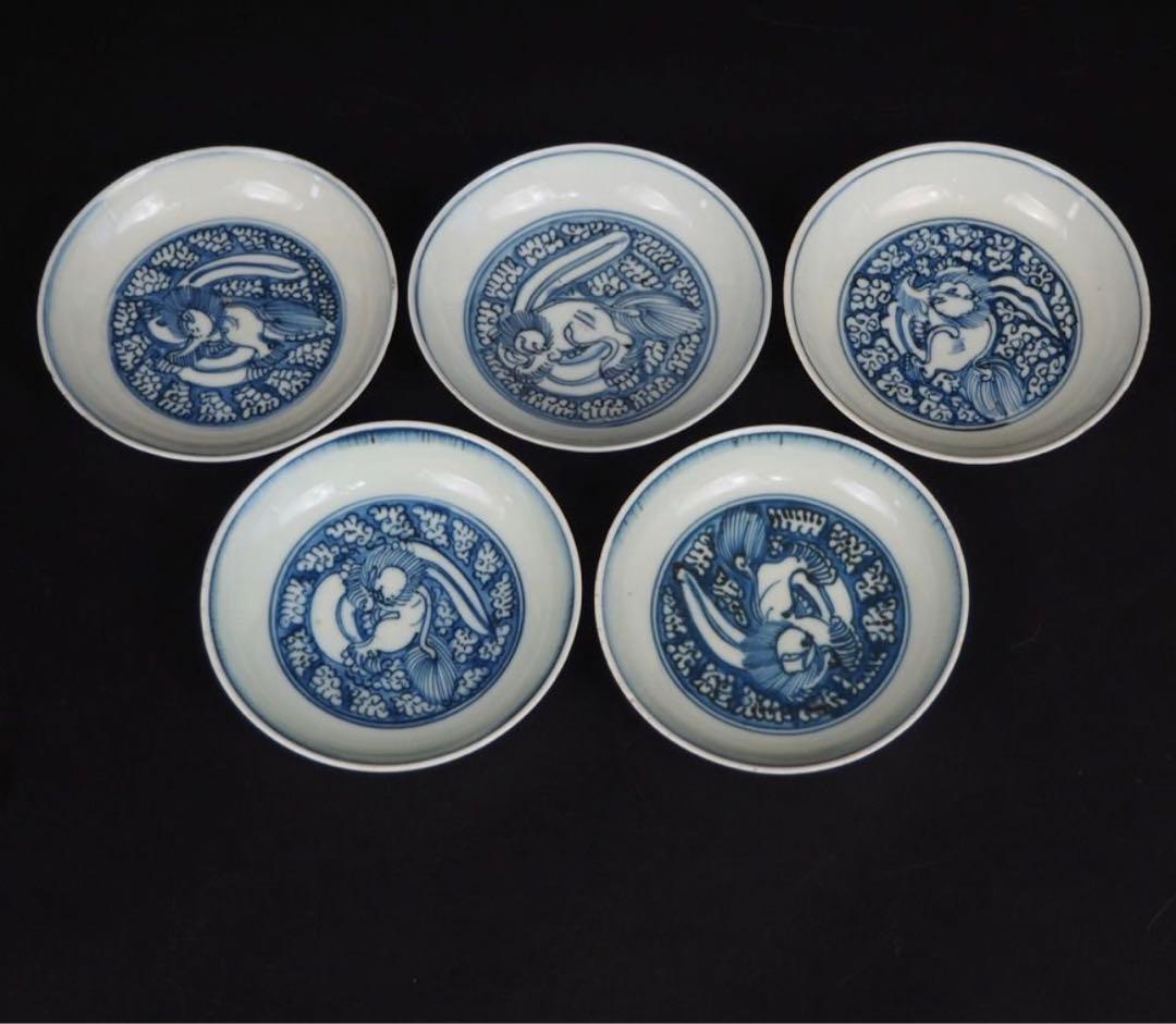 送料無料　明初期　永楽～宣徳年（1403～1435年）青華獅子文中皿５枚 送料無料明初期永楽～宣徳年（1403～1435年）青華獅子文中皿5枚