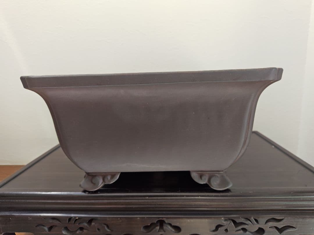 陶器製長方形盆栽鉢 ブラウン 約47cm×36cm×19.5cm　落款　太山