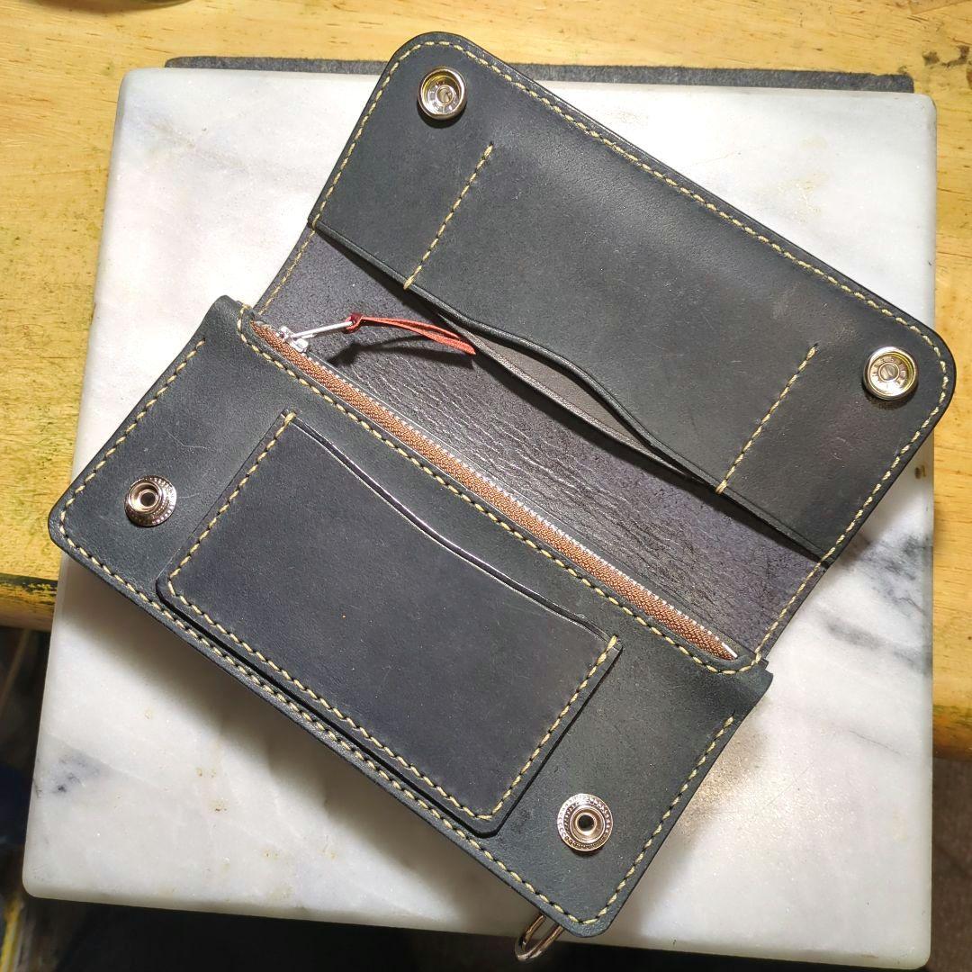 姫路ヌメ革 トラッカーウォレット ハンドメイド 長財布 ロングウォレット 黒