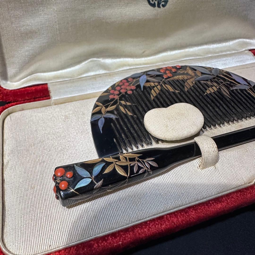 大正アンティーク鼈甲櫛笄黒漆螺鈿細工金細工髪飾り
