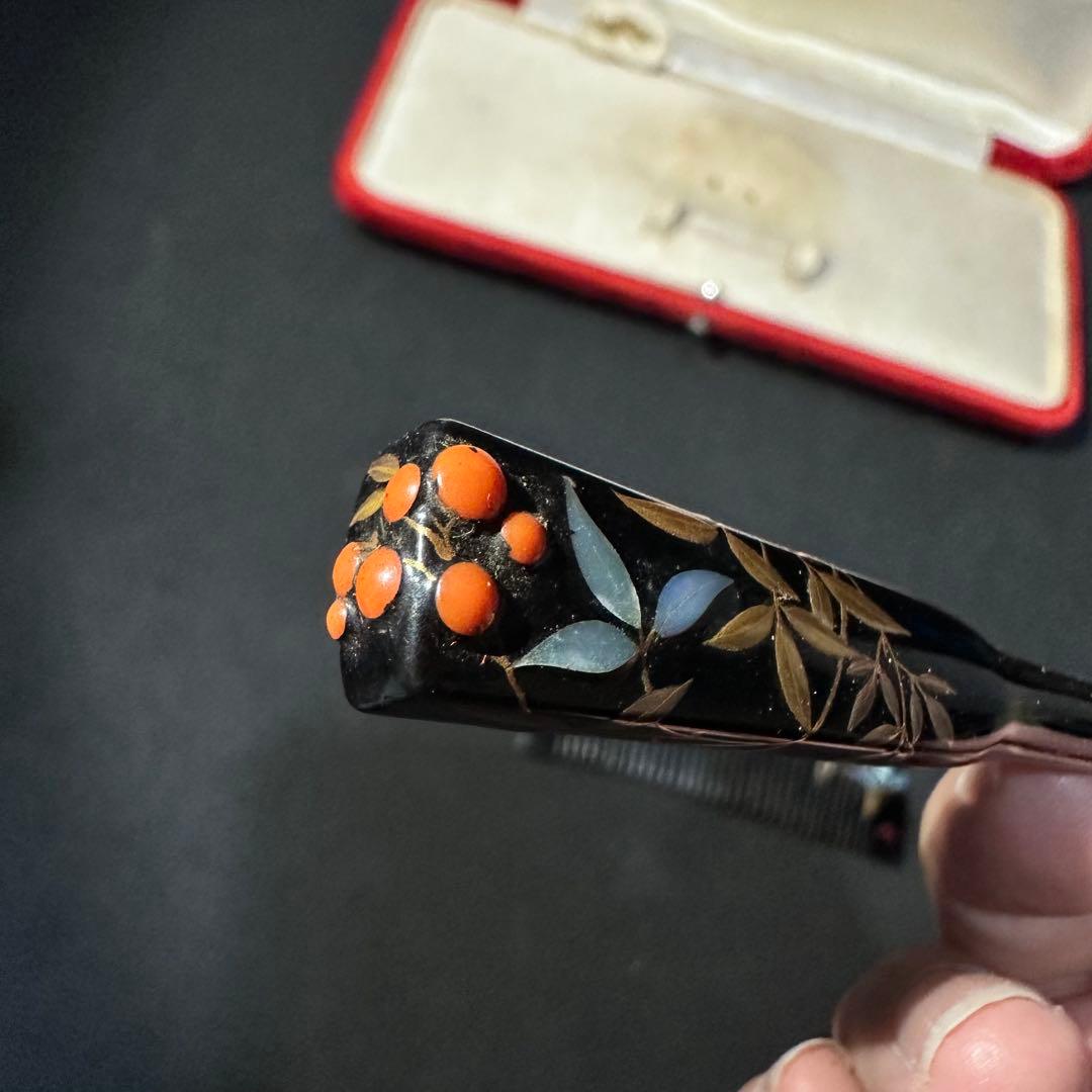 大正アンティーク鼈甲櫛笄黒漆螺鈿細工金細工髪飾り