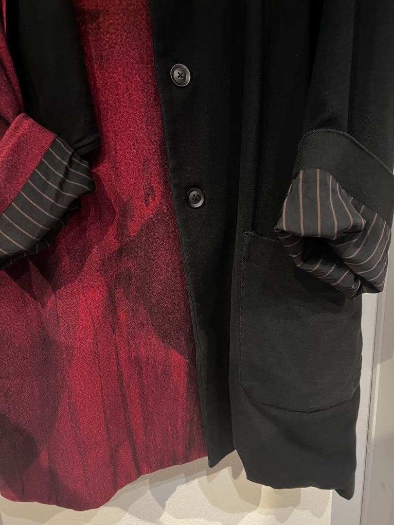 ヨウジヤマモトプールオム 18AW 赤フラノストールフード付ドレスコート