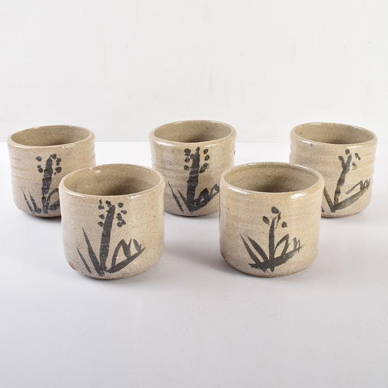 常滑焼　常石窯　中村勝明作　絵唐津写　草文　深向付　五客　共箱　V　R4998B