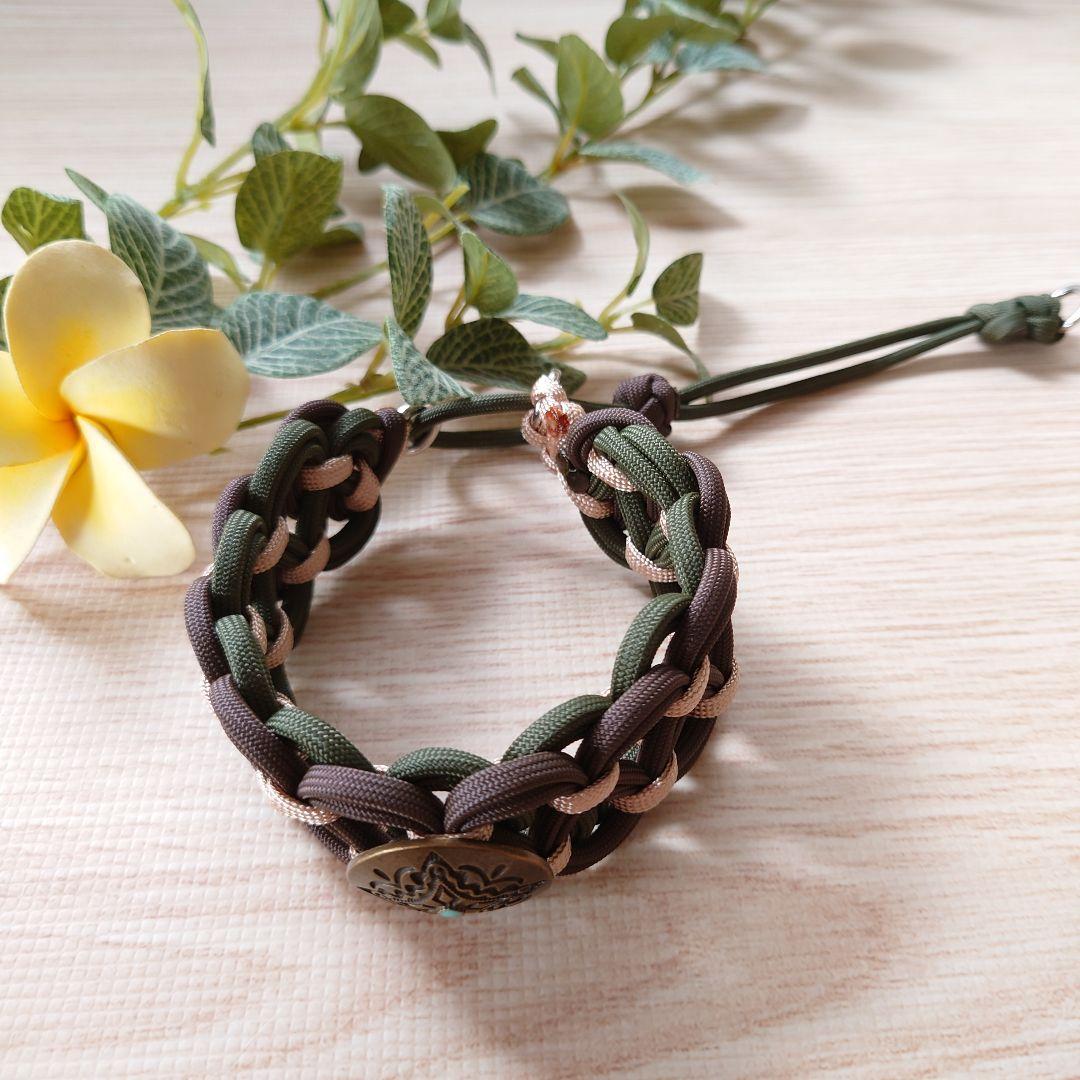 パラコード首輪 ハーフチョーク 秋カラー オリーブ＆ブラウン コンチョ