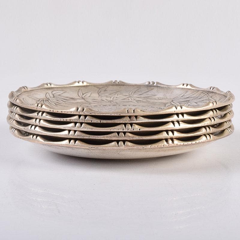 煎茶道具 中華銀幣刻印装飾 龍笹文茶托 五客 壹圓 C R8917