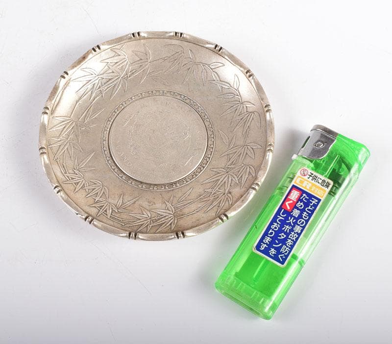 煎茶道具 中華銀幣刻印装飾 龍笹文茶托 五客 壹圓 C R8917