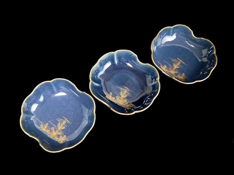 古伊万里　瑠璃　若松の図　膾皿　３客　C167AS-CTh