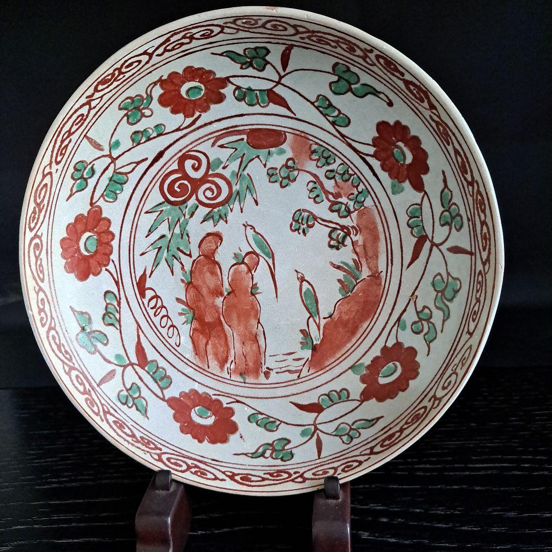茶道具　安南呉須赤絵　16世紀頃　花鳥紋皿　　赤絵人物図　共箱入
