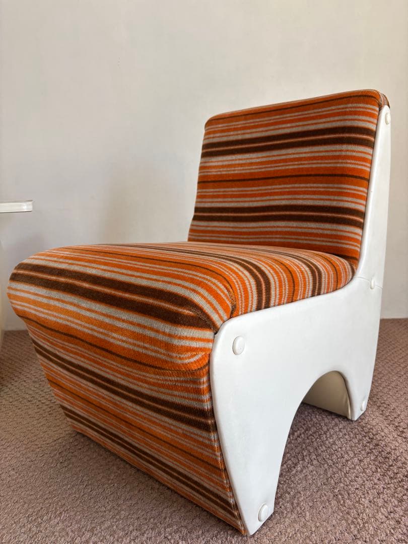 昭和レトロ◼️ミッドセンチュリー 未使用ソファセット 1970年オレンジストライプ