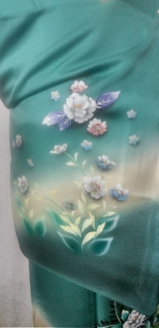 付け下げ、訪問着ブルーグリーン色、花柄入、身丈175cm - メルカリ