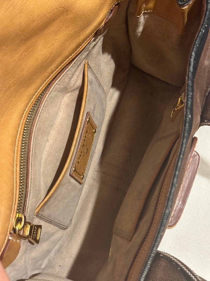 PRADA ブラウン ホワイトストライプ キャンバス地ハンドバッグ