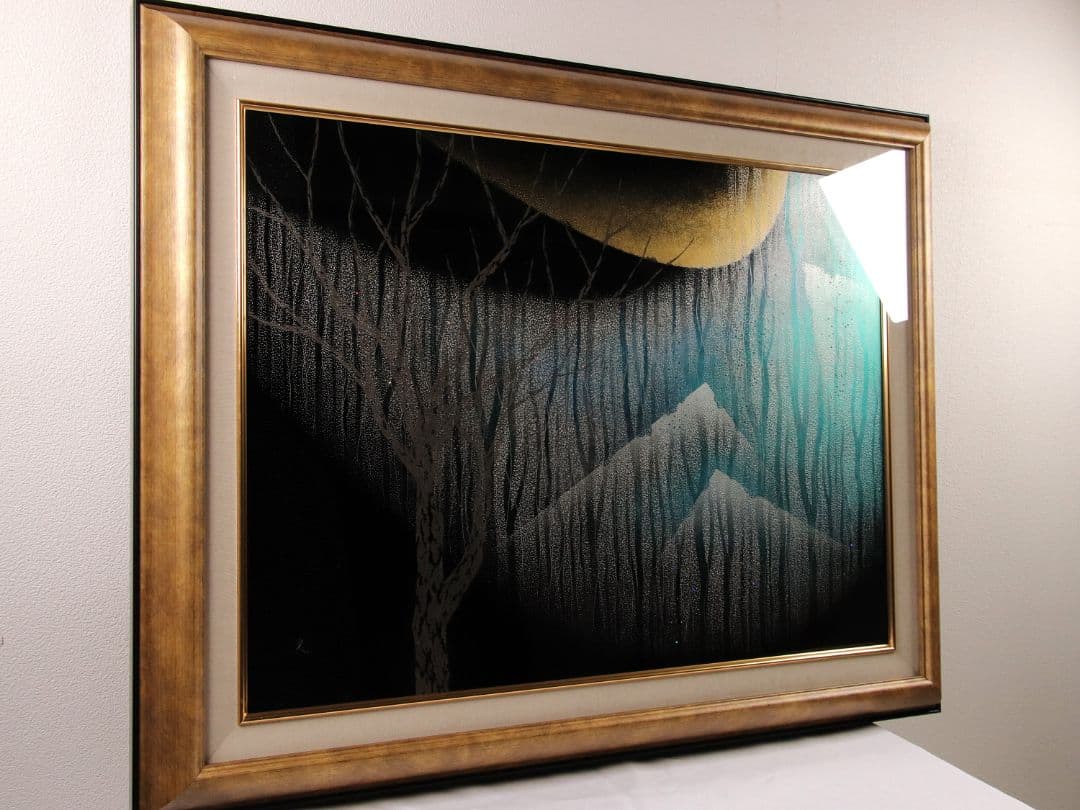 【真作】漆芸画 新木光「月夜の詩」輪島市美術展出品 額装 12号 沈金銀M865