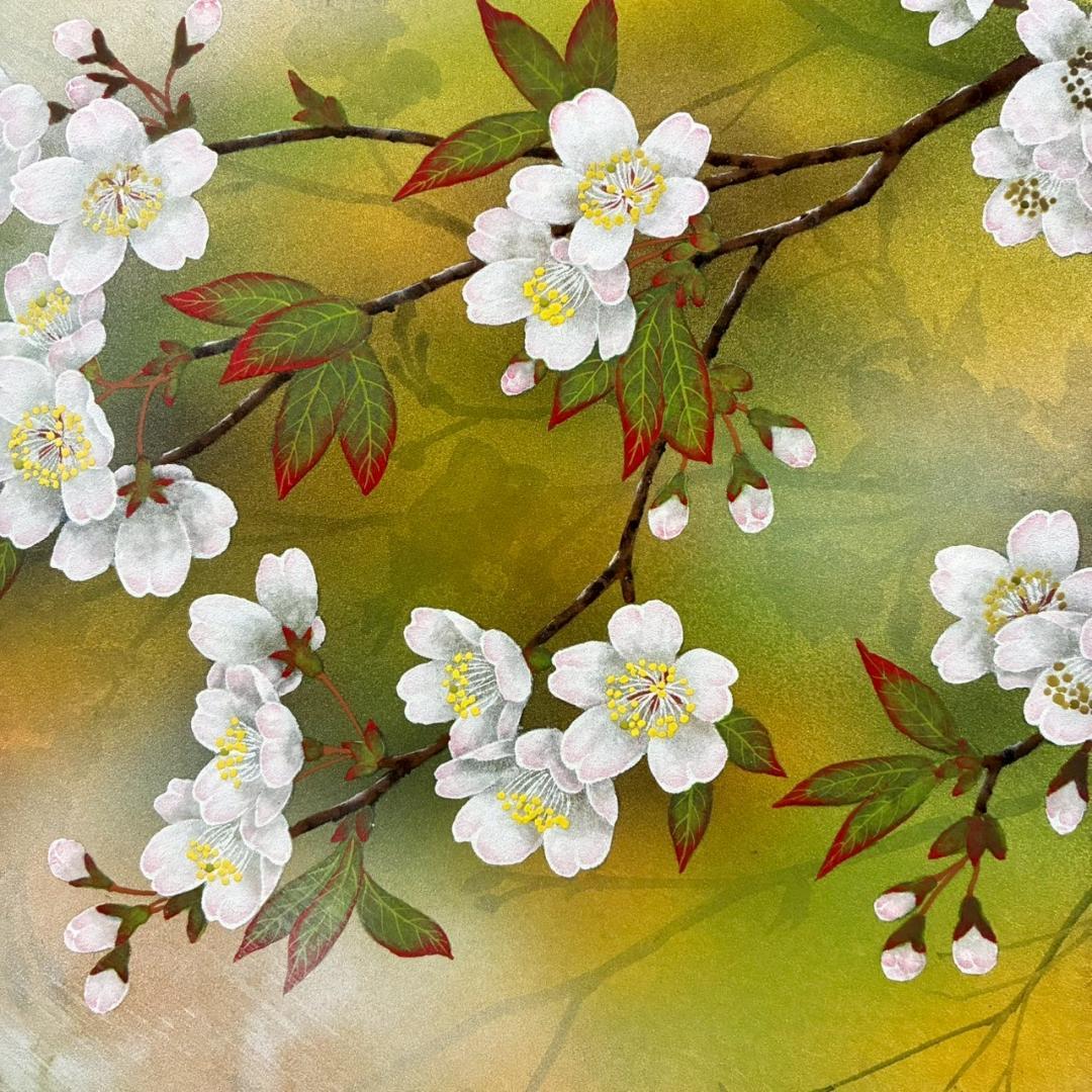 美品 佐々木経二「桜花」日本画 肉筆画 共シール有 署名・落款有り 額縁入り