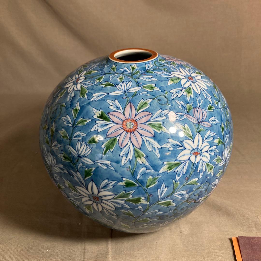 【源右衛門】古伊万里の伝統　日本の名窯　舘林源右衛門作　染錦濃鉄線花文　花瓶 源右衛門】古伊万里の伝統 日本の名窯 舘林源右衛門作 染錦緑彩七宝文