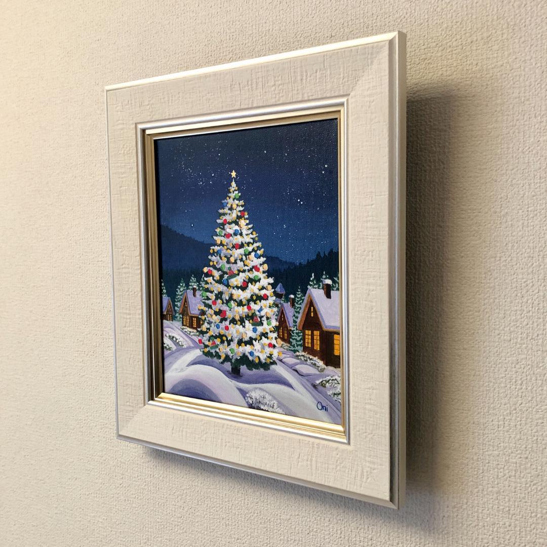 アクリル画　原画　「星降る夜のクリスマス03」額縁付　F3サイズ　キャンバス