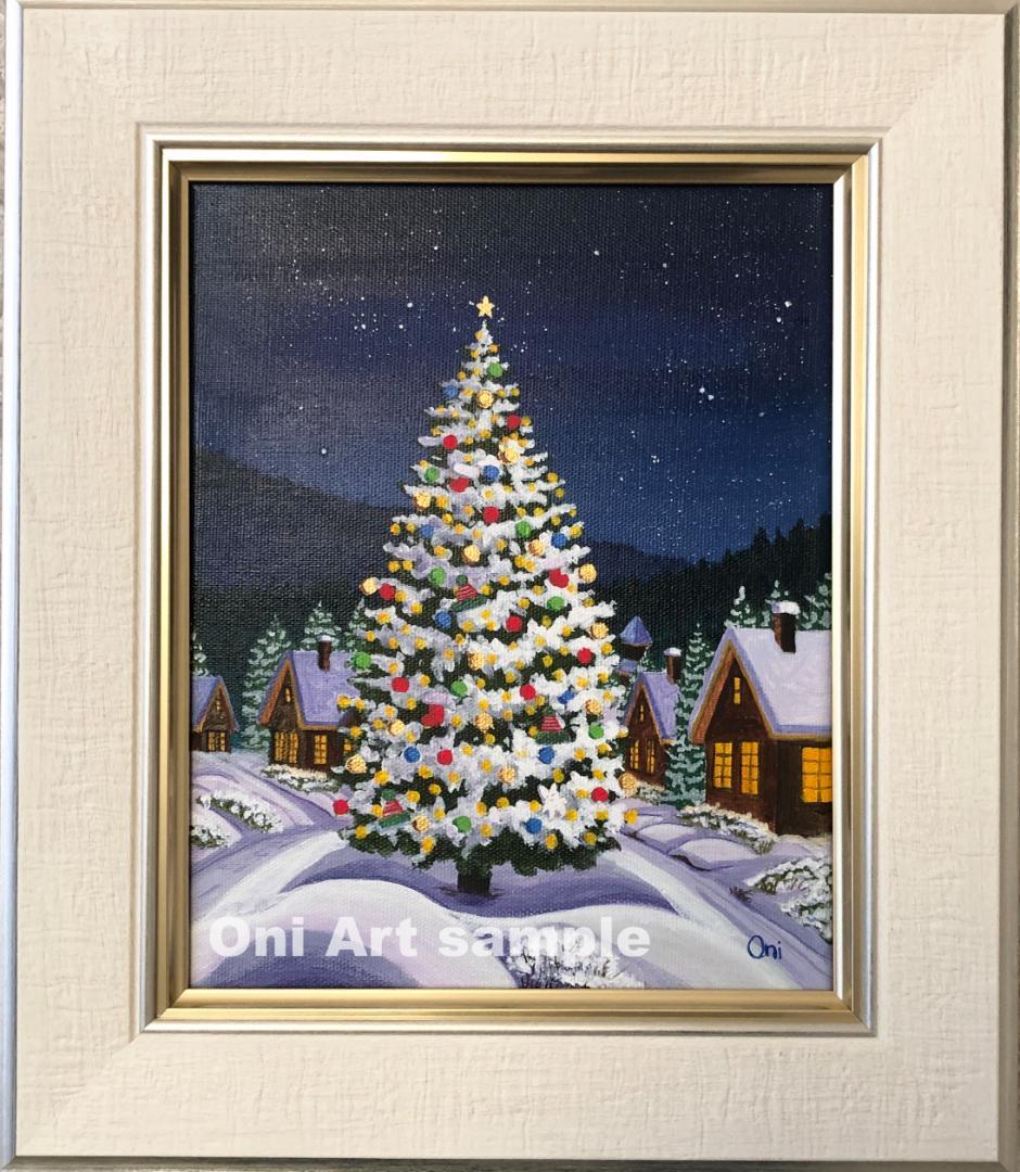 アクリル画　原画　「星降る夜のクリスマス03」額縁付　F3サイズ　キャンバス