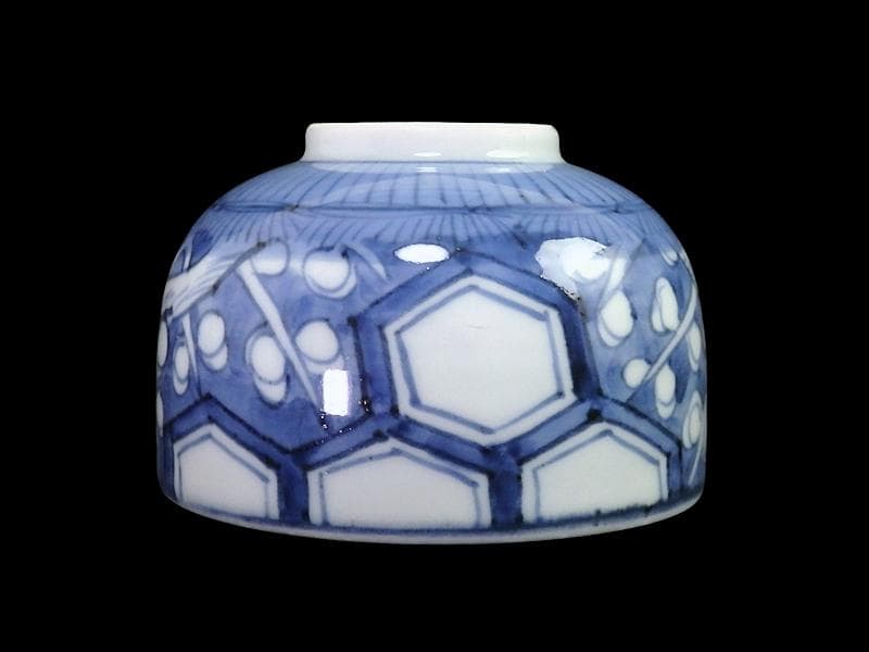 古伊万里　染付 亀甲紋に梅の図　りん茶碗　A598AS-fbvc