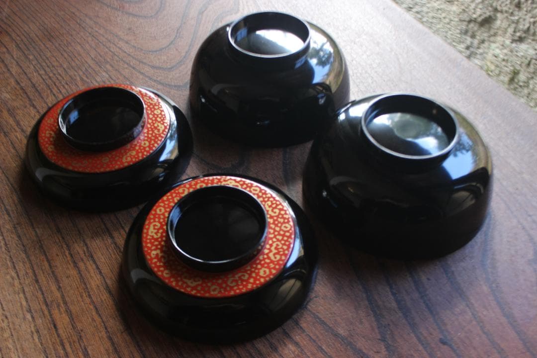 塗キズ有！優美な塗分けに極上木芙蓉蒔絵の映えるお椀2点（検輪島塗京塗雑煮椀