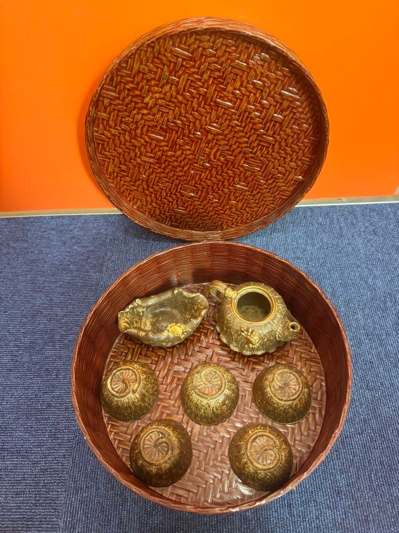 1684備前焼？ 蓮に蟹細工 茶器セット 湯呑1客 湯冷し1客