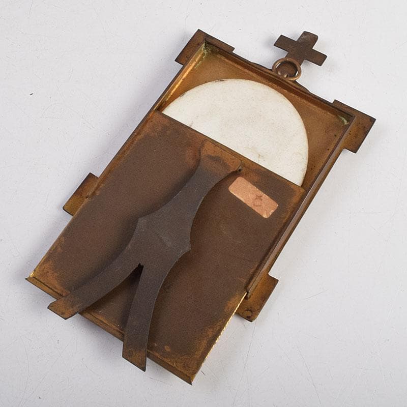 キリスト教　陶器製　聖像画　イコン　聖母子　銅製フレーム　M　R9408