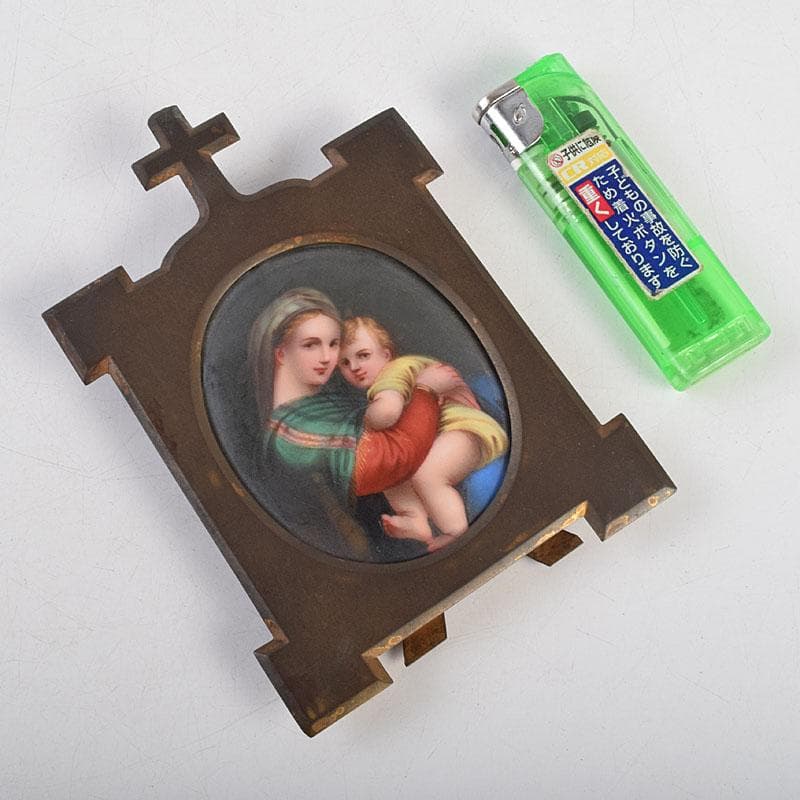 キリスト教 陶器製 聖像画 イコン 聖母子 銅製フレーム M R9408