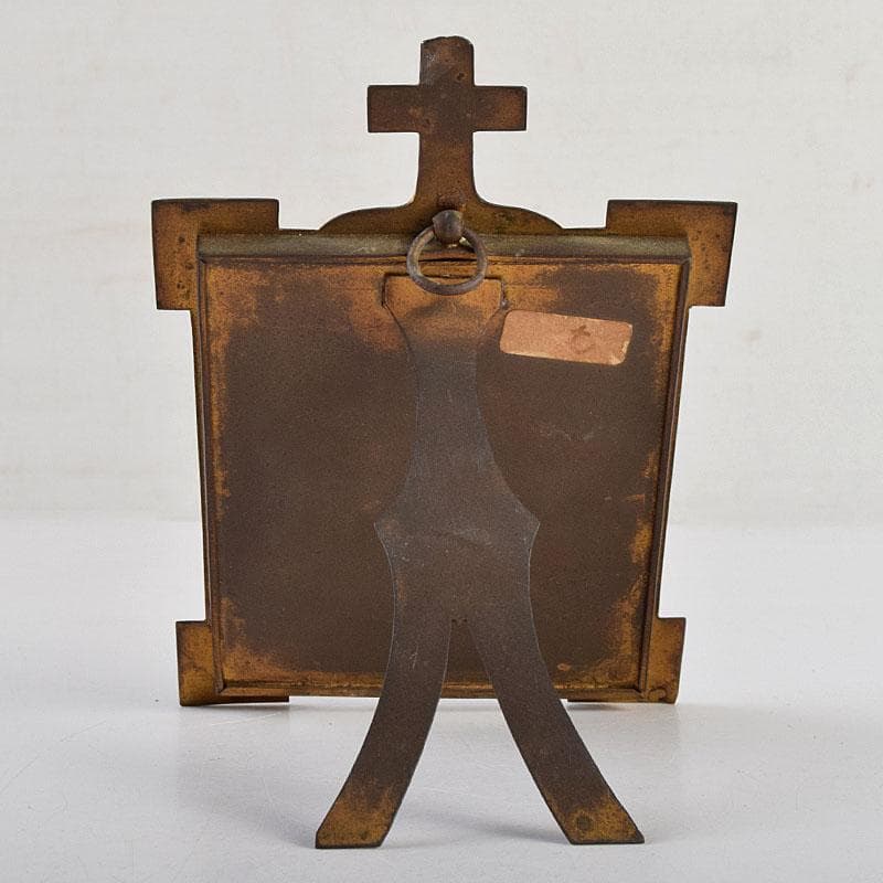 キリスト教　陶器製　聖像画　イコン　聖母子　銅製フレーム　M　R9408