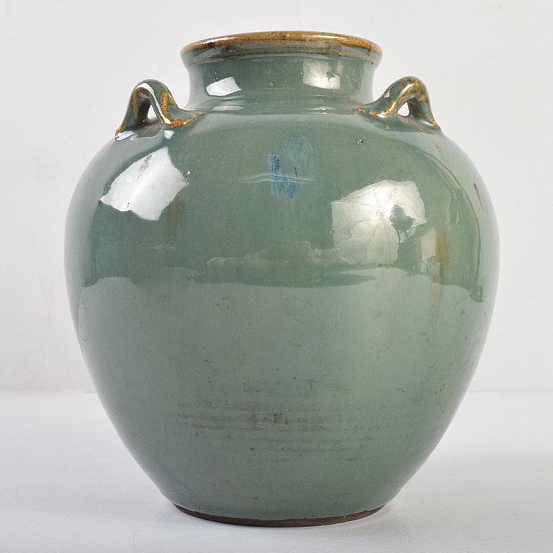 富山県　小杉焼　青磁　四耳壷形　花生　時代箱付　V　R9318