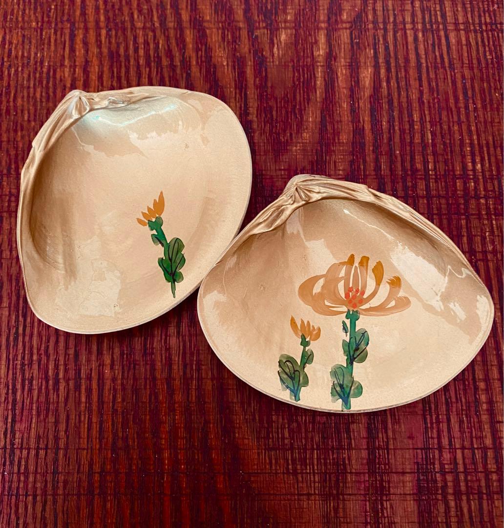 蛤(はまぐり) 貝合わせ 岩彩 花鳥図 香合にも 江戸時代後期 蛤香合