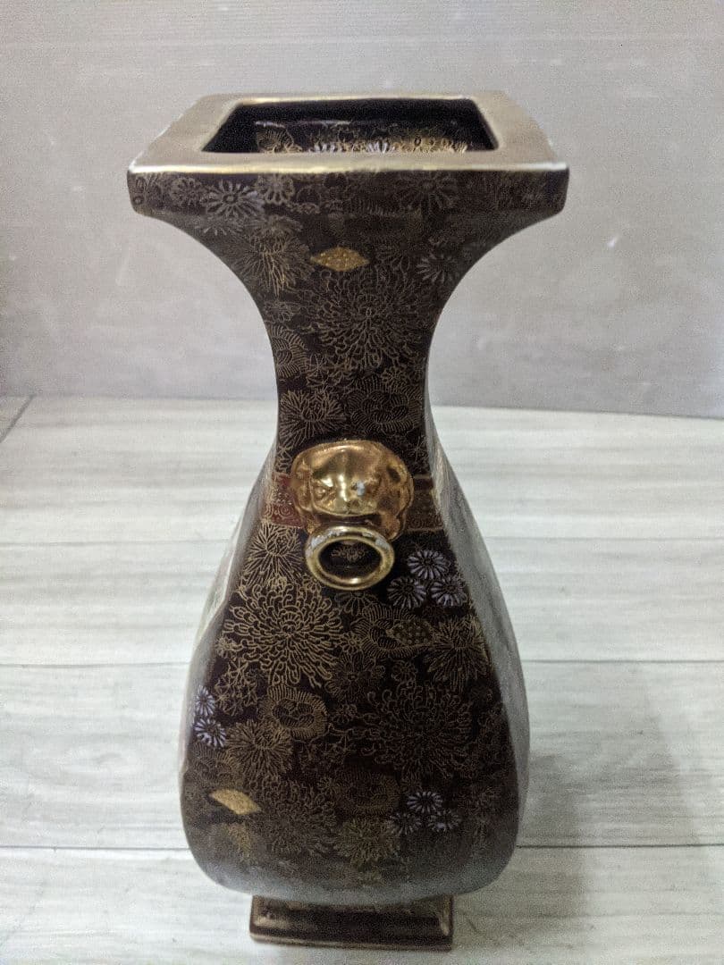 薩摩焼 飾り壷 金彩 金つぶ 山水 花鳥文 花瓶 連山 飾り耳付