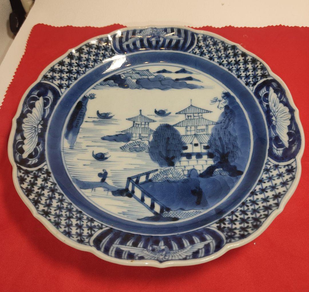 【希少・2枚組】江戸期 古伊万里焼 染付 風景画 菊割皿 Old Imari