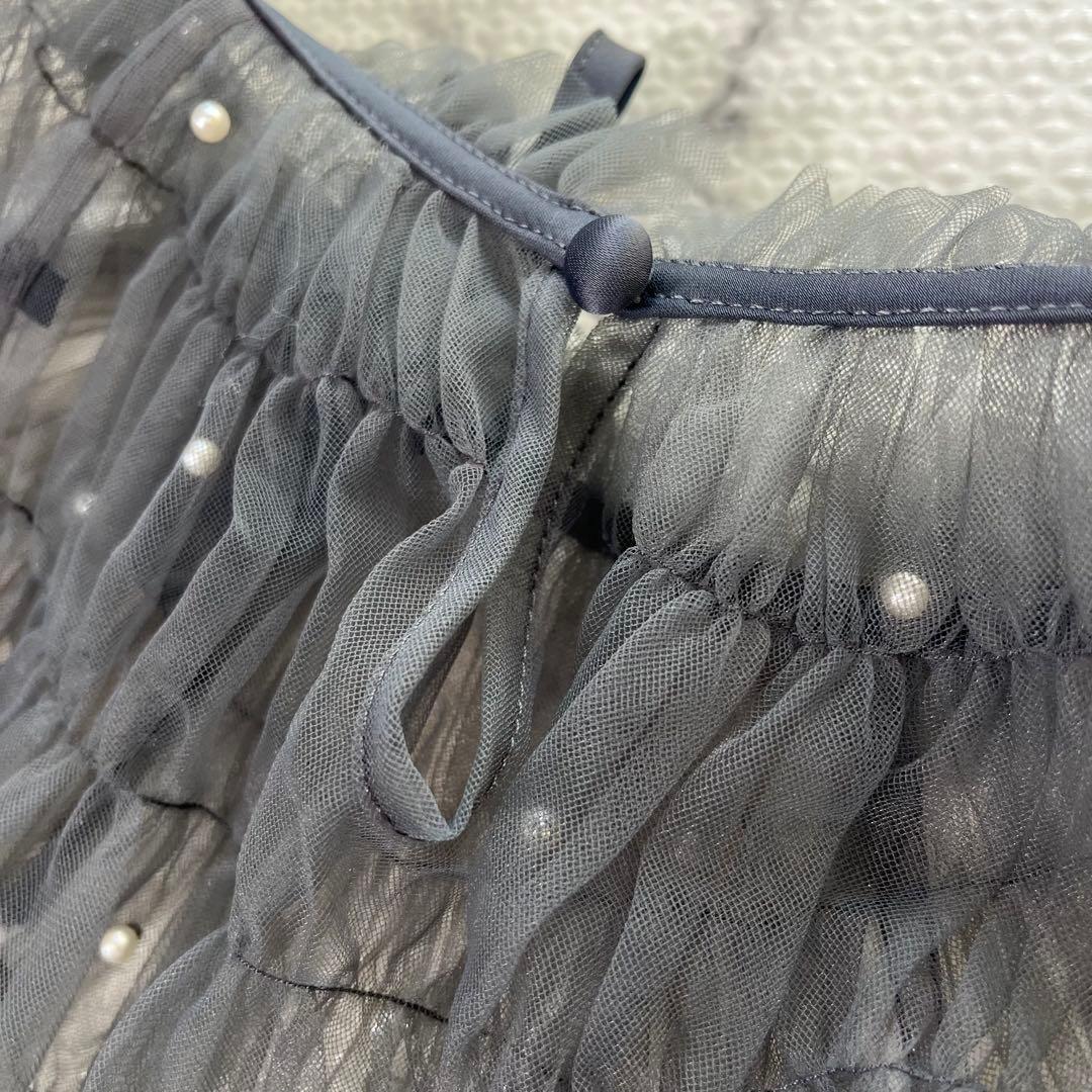 LEJA パール付きケープ風リボンパフスリーブボレロ刺繍レースキャミ