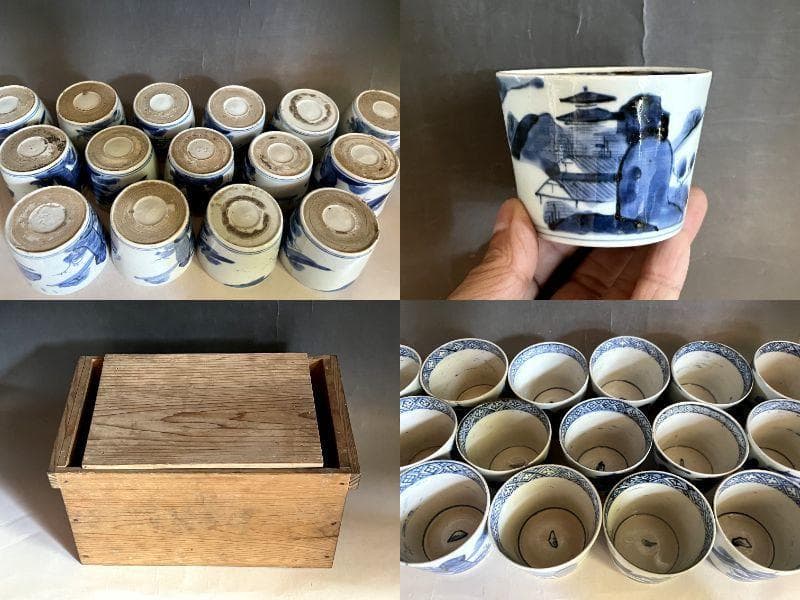 蕎麦猪口●手描きソバチョコ(江戸後期)伊万里染付山里図 15客 酒器時代物骨董■