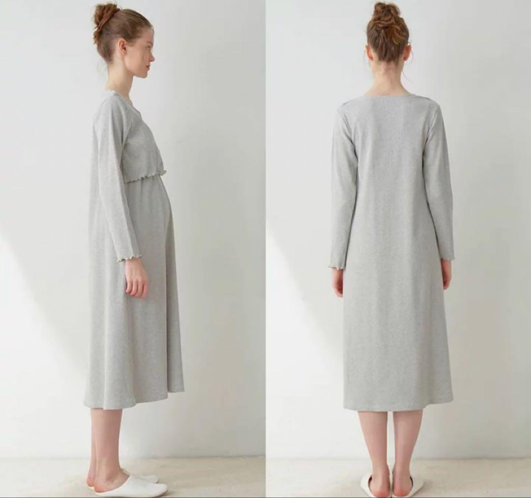 タグ付き ジェラートピケ　マタニティリブワンピース フリーサイズ グレー 長袖