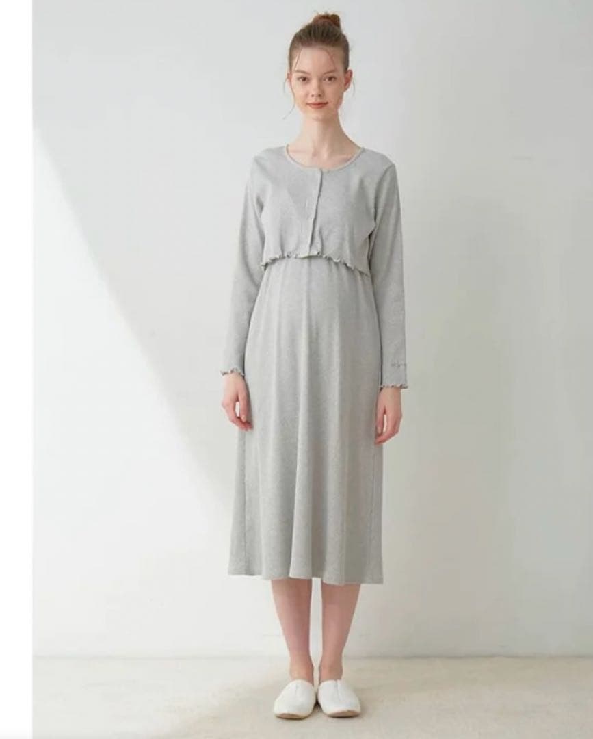 タグ付き ジェラートピケ　マタニティリブワンピース フリーサイズ グレー 長袖