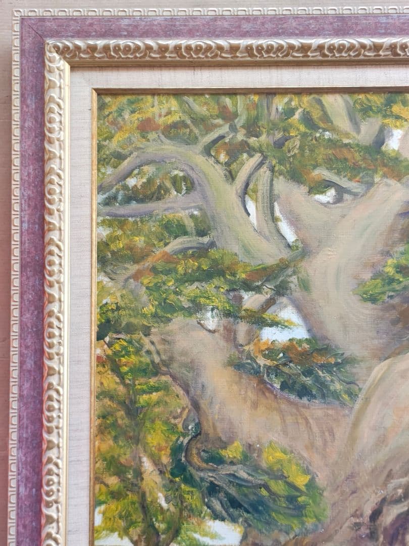 F15号 油絵・額縁セットアンティーク調 ゴールド アクリル板仕様 +神社 大楠