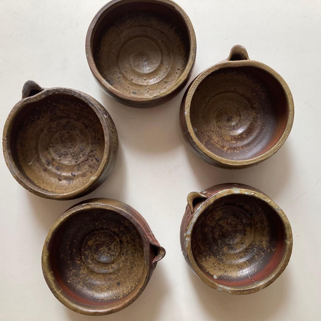 原田拾六 備前焼 向付 5客 共箱、陶歴、共布も5枚