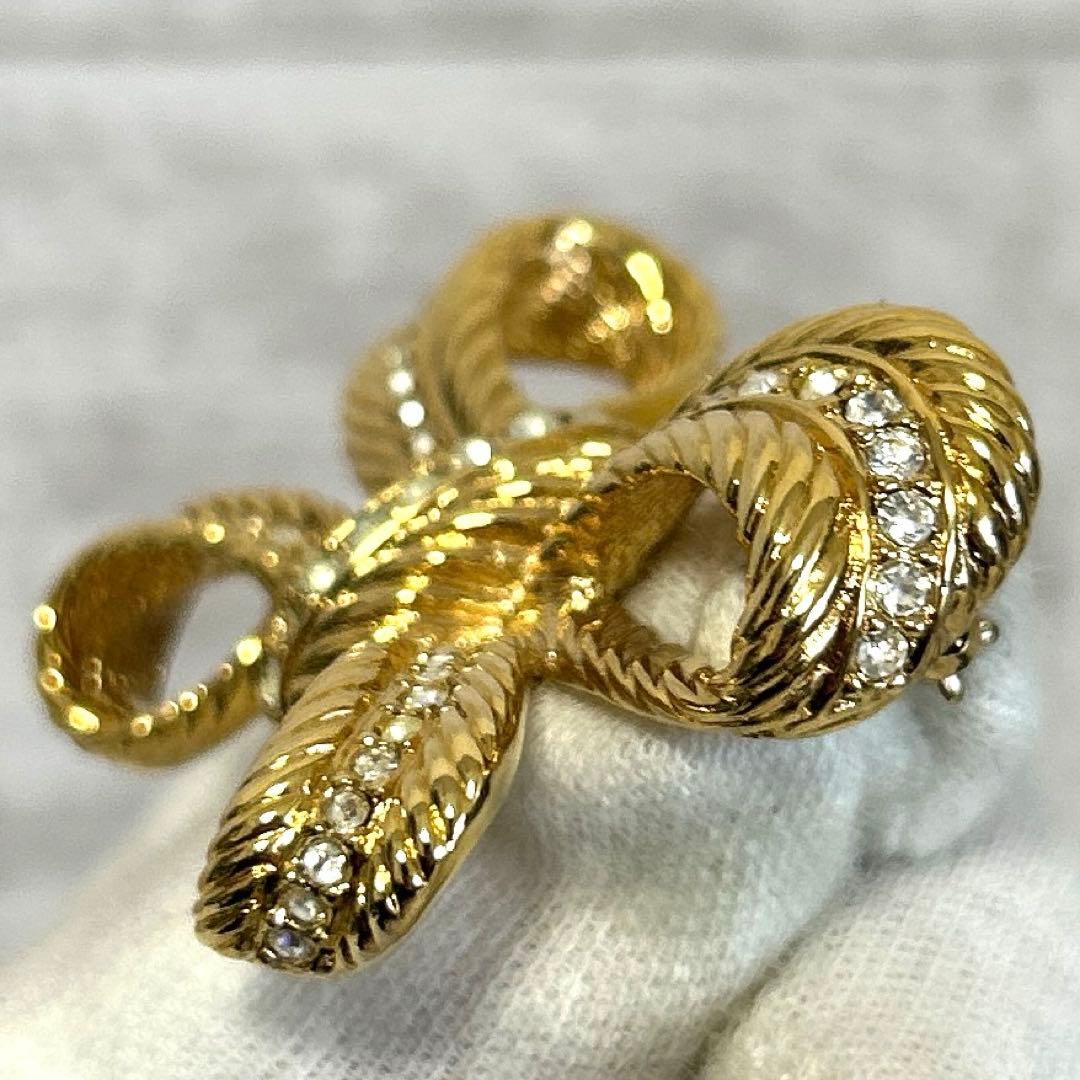 クリスチャンディオール リボン ブローチ ラインストーン ゴールド