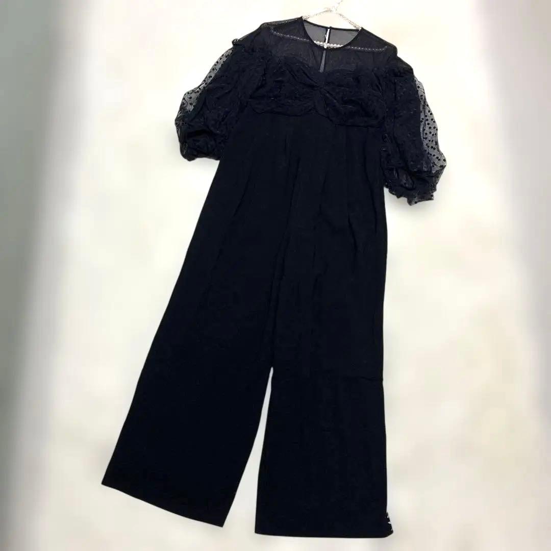 美品【ANDRESD】フロッキードットパンツドレス ネイビー L