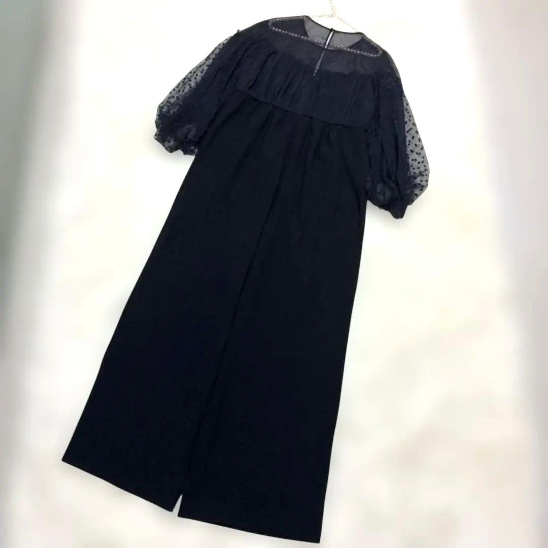 美品【ANDRESD】フロッキードットパンツドレス ネイビー L