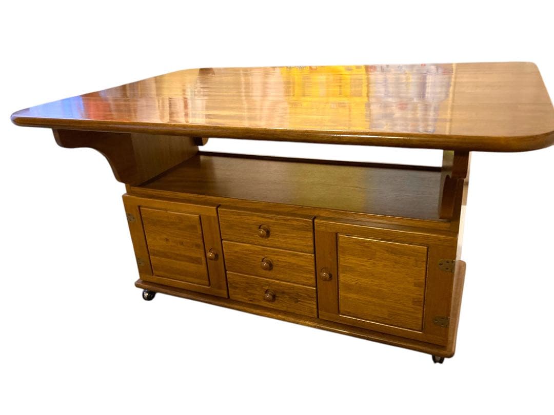 木製長方形テーブル 引き出し付き キャスター付き