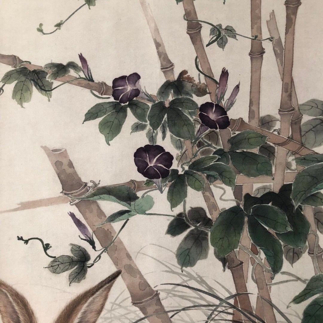 中国水墨画 掛け軸 刘奎龄《花下双兔》中堂 掛け軸／装裱済み／鑑賞用／実物撮影