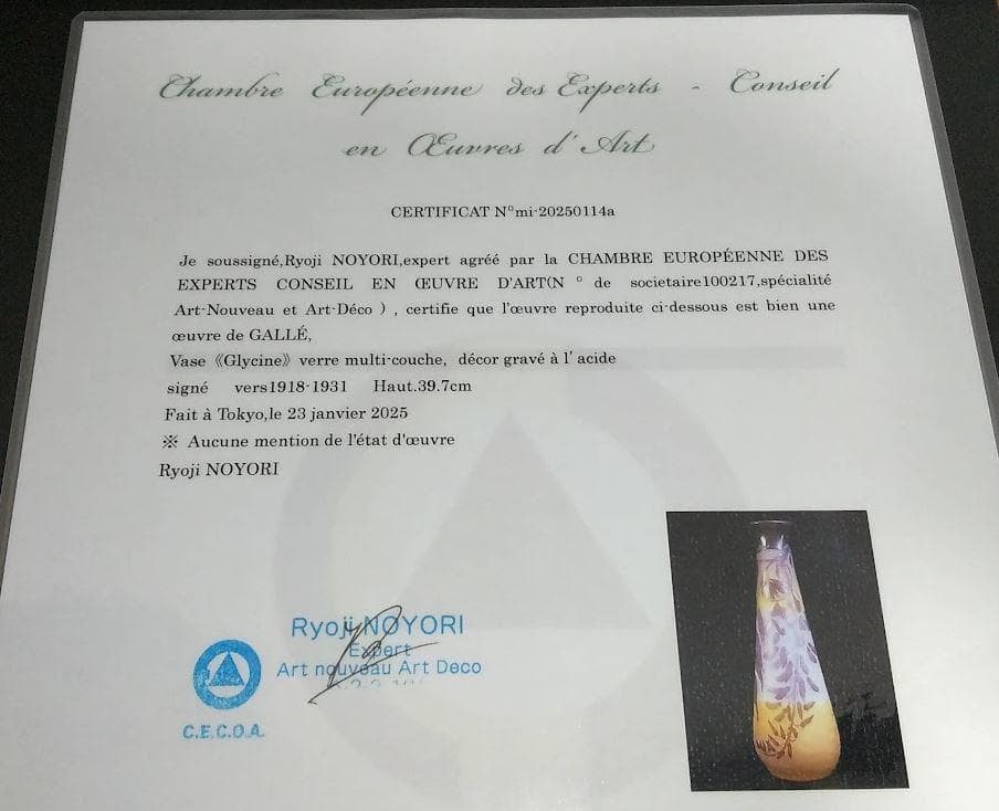 真作証明書付 エミール・ガレ 藤文 花器 多層被せガラス 高さ39.7cm